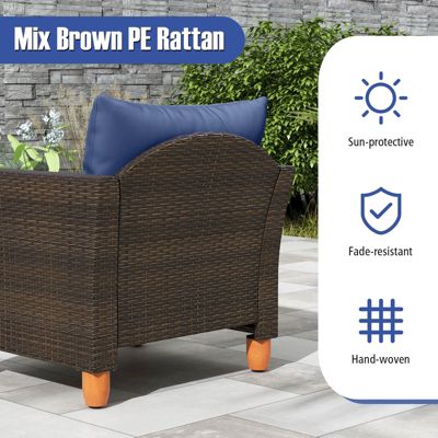 3PCS Patio Rattan Bistro Furniture Set Wood Table Top Cushion Sofa