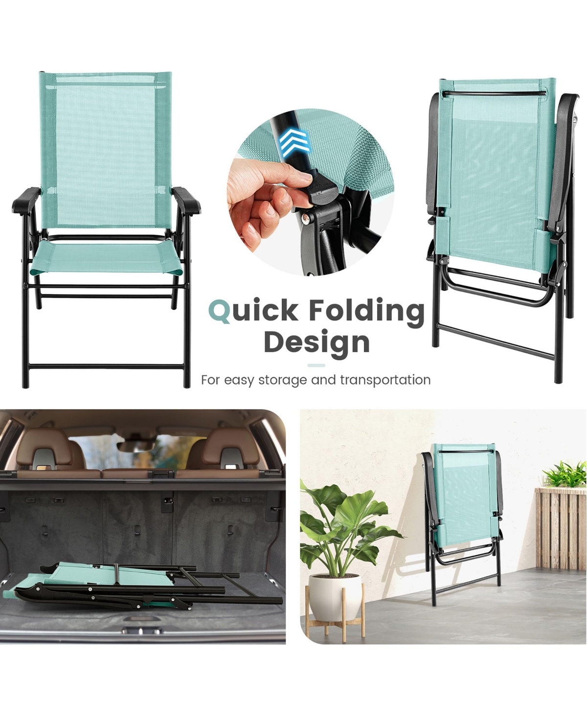 Gymax Set of 2 Patio Folding Chairs Outdoor Portable Pack Lawn Chairs w/ Armrests Mint Green