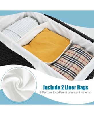 Laundry Hamper w/Wheels &amp; Lid, 125L 3-Section Clothes Hamper w/2 Liner Bags