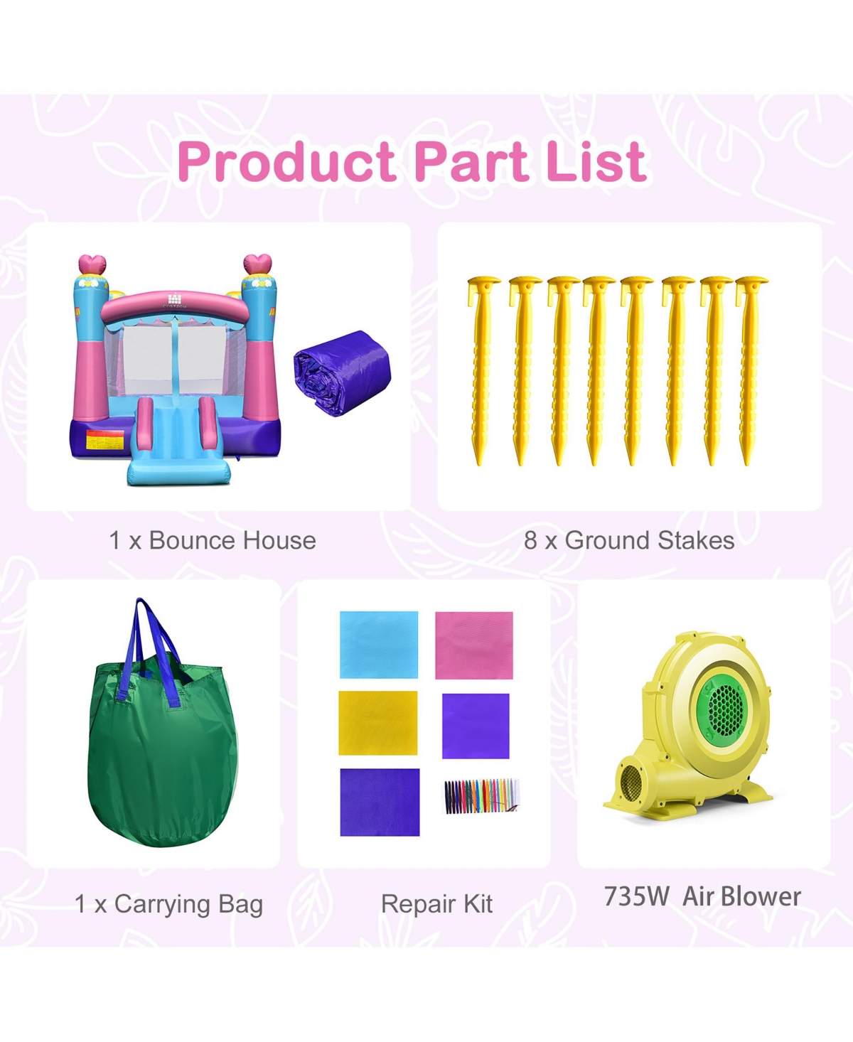 Costway Inflatable Bounce House 3-in-1 Princess Theme Inflatable Castle w/ 735W Blower