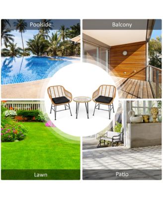 3PCS Patio Rattan Bistro Furniture Set Cushioned Chair Table
