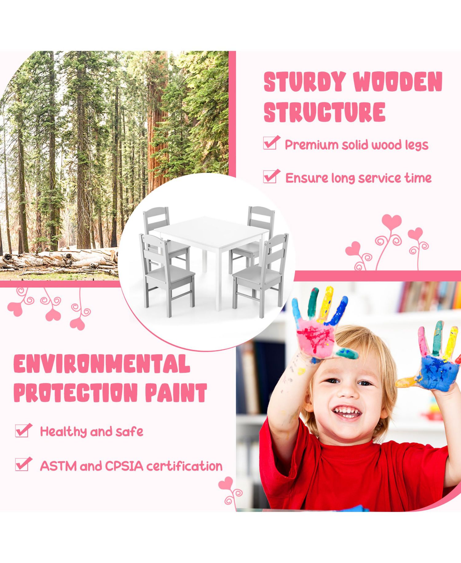 Boys 5 Piece Table & Chair Set Wooden Children Activity