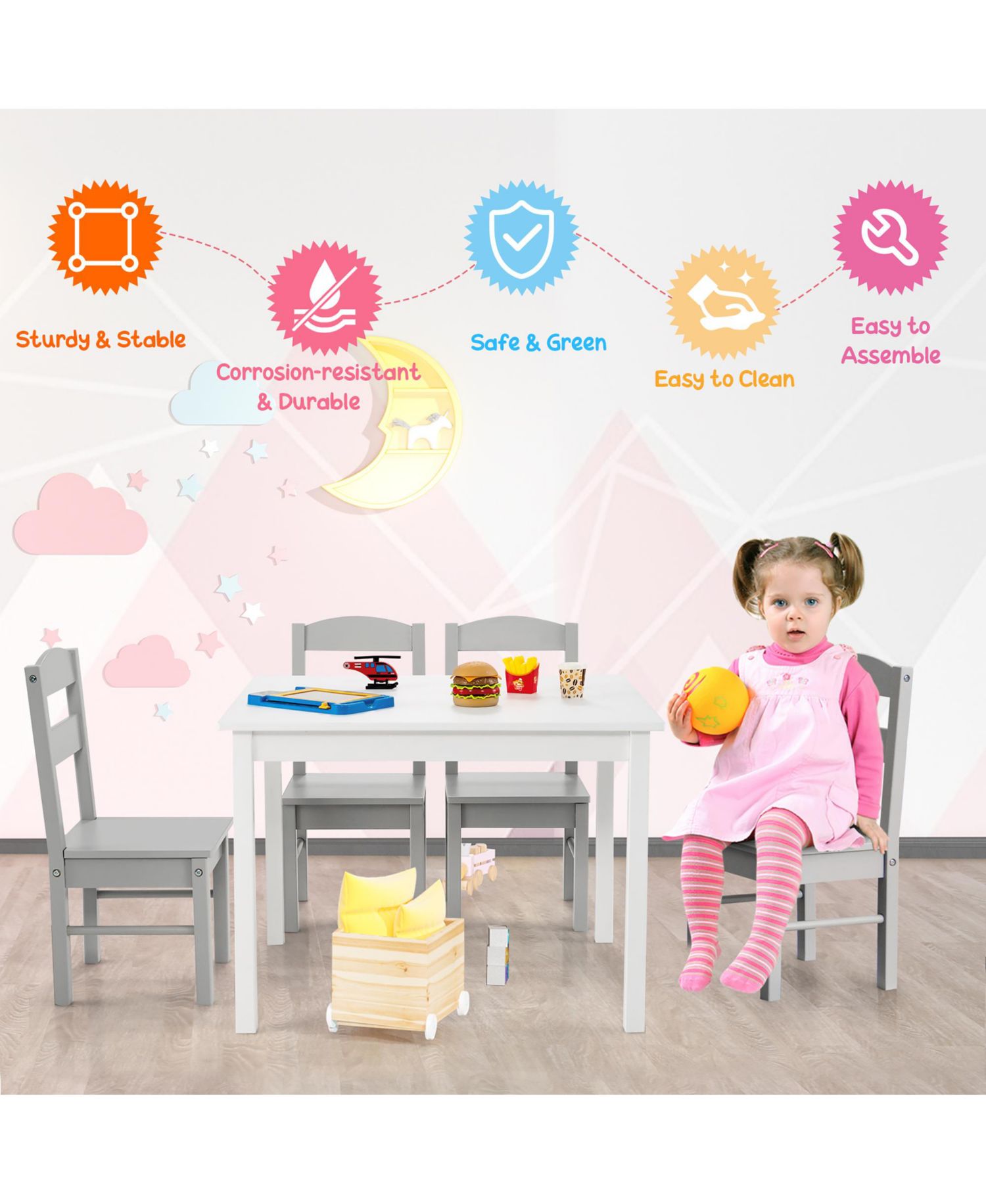 Boys 5 Piece Table & Chair Set Wooden Children Activity