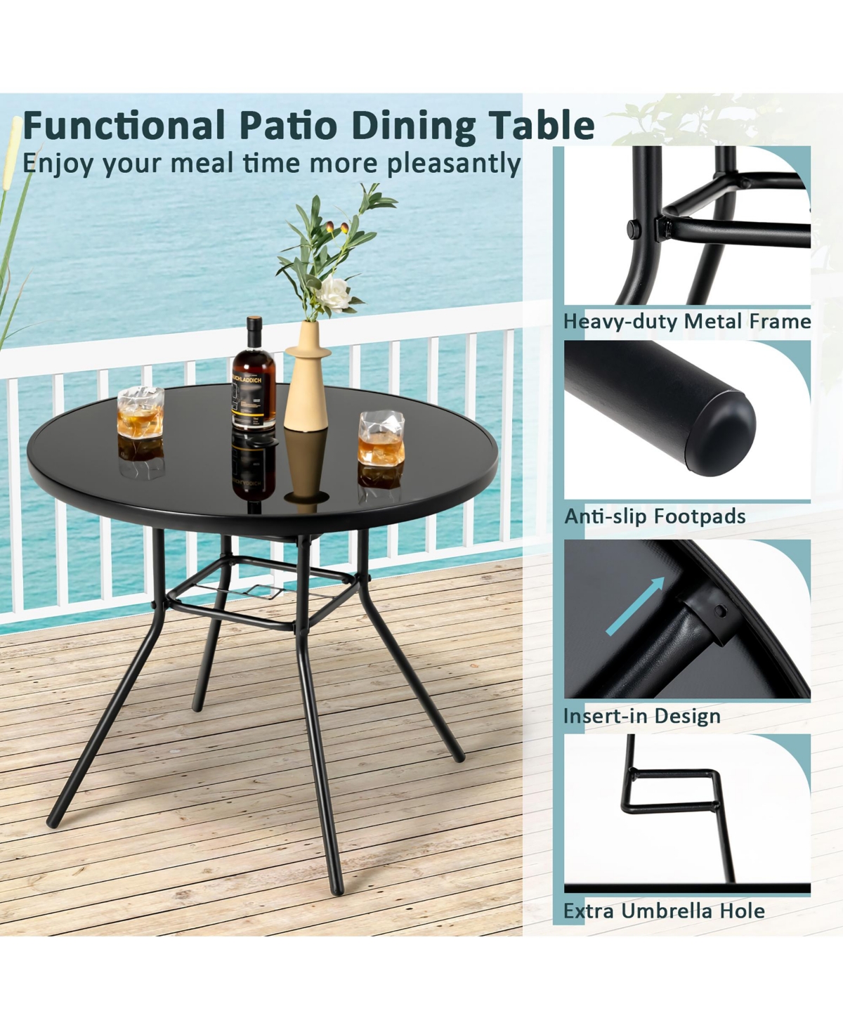 Costway 34 Inch Patio Dining Table Round Tempered Glass Tabletop with 1.5'' Umbrella Hole