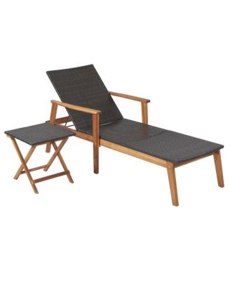 2PCS Patio Rattan Lounge Chair Chaise Recliner Wood Back Adjust W/Folding Table