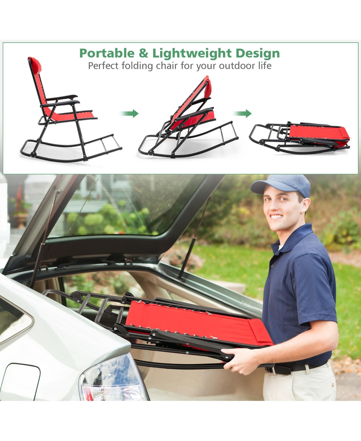 Patio Camping Rocking Chair Folding Rocker Footrest Lightweight