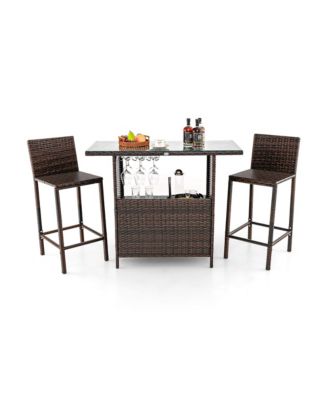 Patio 3PCS Wicker Bar Set Height Table Two Stools with 3 Rows Stemware Racks Garden