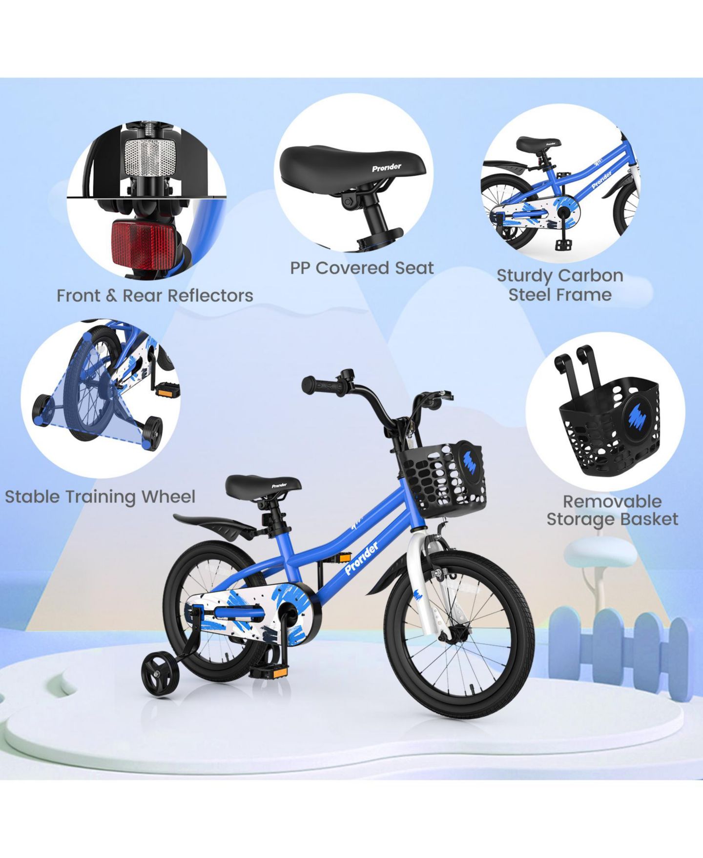 Детская игрушка Costway Racing Pattern Series 16" Height-Adjustable Kids' Bike with Removable Training Wheels, Ages 4-7, цвет: Синий — фото 10