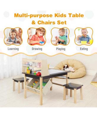 Kids Art Table & 2 Chairs Set Wooden Drawing Desk