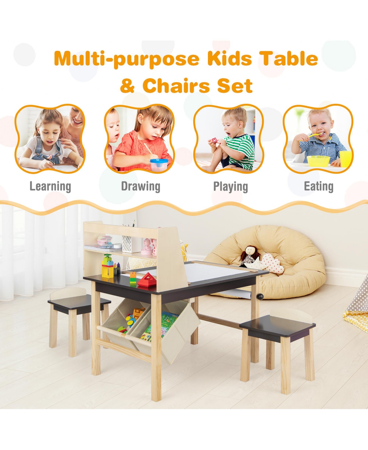 Kids Art Table & 2 Chairs Set Wooden Drawing Desk