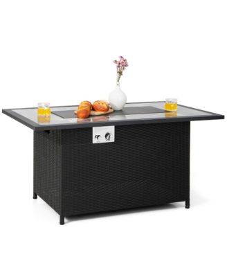 52'' Propane Fire Pit Table Marble Tabletop Rattan Wicker w/ Rain Cover Lava Rock