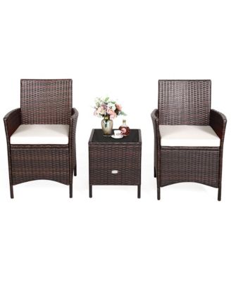3PCS Patio Rattan Furniture Set Cushioned Sofa Glass Tabletop Deck