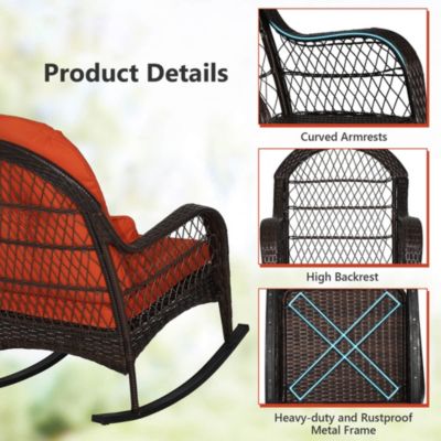 Patio Wicker Rocking Chair with Seat Back Cushions & Lumbar Pillow Porch