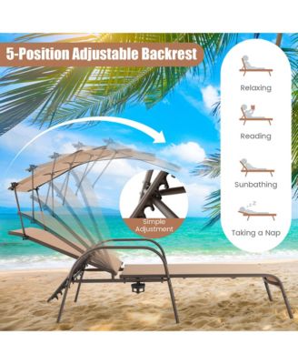 Patio Heavy-Duty Chaise Lounge 5-Level Adjustable Outdoor Recliner Canopy Cup