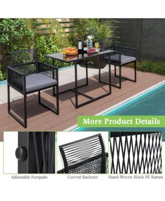 3PCS Patio PE Wicker Furniture Set Cushioned Chairs with Folding Backrest Backyard