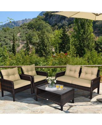 4PCS Rattan Wicker Patio Conversation Set Cushioned Outdoor Furniture Set