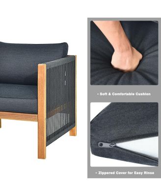 8PCS Acacia Wood Outdoor Patio Furniture Set Cushioned Sofa W/Nylon Rope Armrest