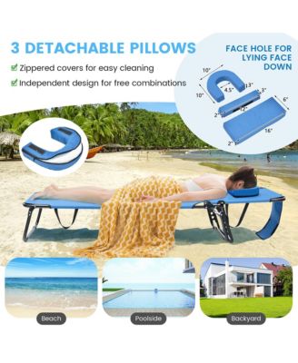 Beach Chaise Lounge Chair with Face Hole Pillows & 5-Position Adjustable Backrest