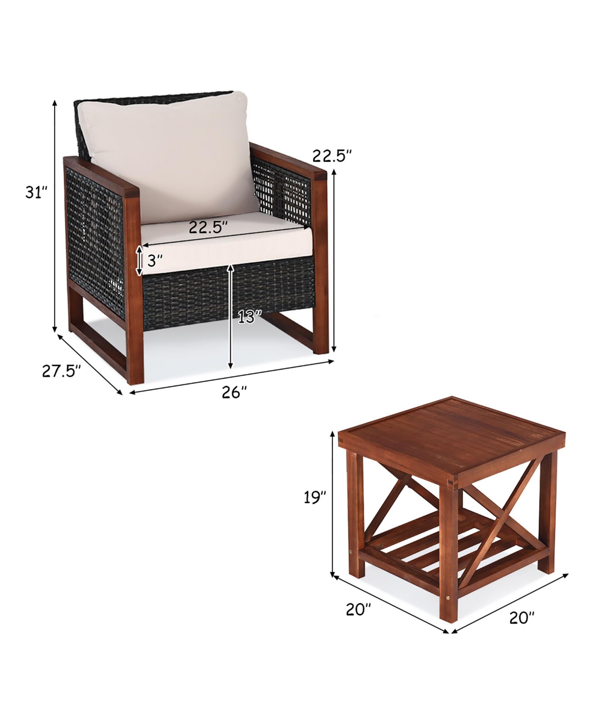 Gymax 3PCS Rattan Wicker Patio Conversation Set Outdoor Furniture Set w/ Cushion - Light beige+brown