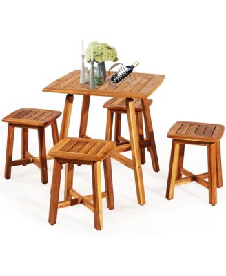 5PCS Acacia Patio Dining Set W/Square Table & 4 Stools Reddish