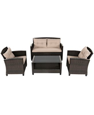 4pcs Patio Rattan Conversation Set Cushioned Outdoor Furniture Set