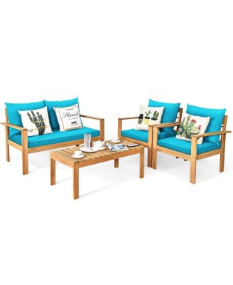 4PCS Patio Acacia Wood Conversation Furniture Set w/ Turquoise Cushions