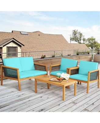 8PCS Patio Acacia Wood Furniture Set PE Rattan Conversation Set w/ Turquoise Cushions