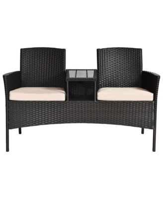 Patio Rattan Conversation Set Loveseat Sofa Cushioned Coffee Table