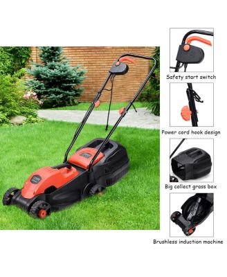 12 Amp 14" Electric Corded Push Lawn Mower with Grass Bag