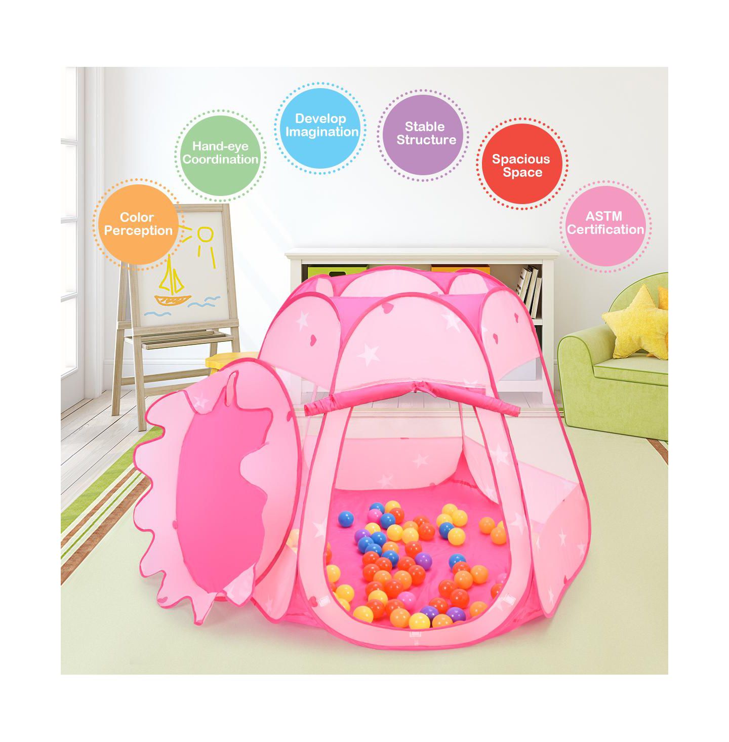 Детские фигурки Costway Kid Outdoor Indoor Princess Play Tent Playhouse Ball Tent Toddler, цвет: Розовый — фото 5