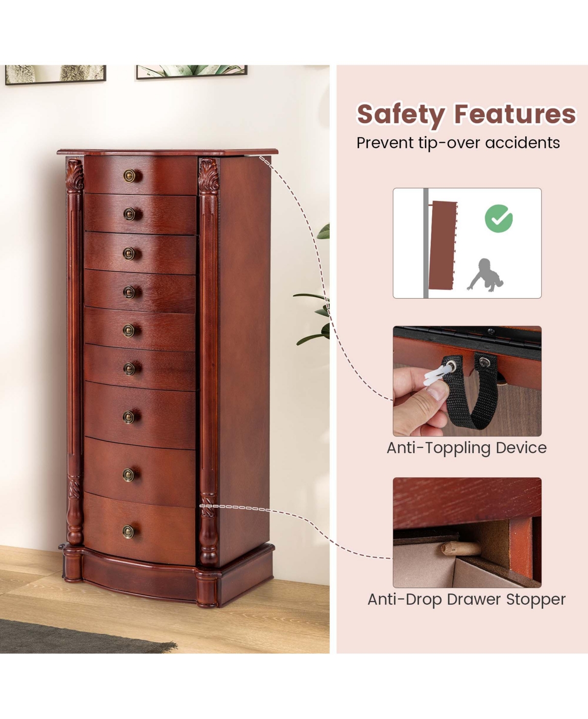 Costway Wood Jewelry Cabinet Storage Chest Stand Organizer