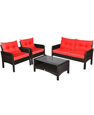 4PCS Patio Rattan Furniture Set Loveseat Sofa Coffee Table Garden