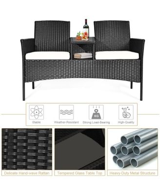 Patio Rattan Conversation Set Seat Sofa Cushioned Loveseat Glass Table Chairs
