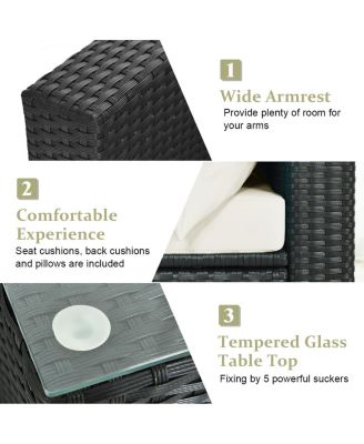 7PCS Patio Rattan Furniture Set Sectional Sofa Cushioned Glass Table