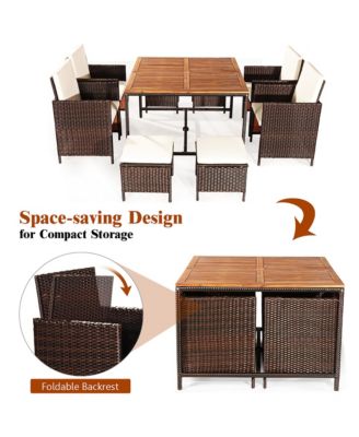 9PCS Patio Rattan Dining Set Cushioned Chairs Ottoman Wood Table Top