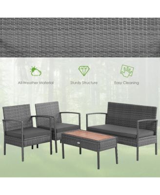 4PCS Patio Rattan Furniture Set Cushioned Chair Wooden Tabletop