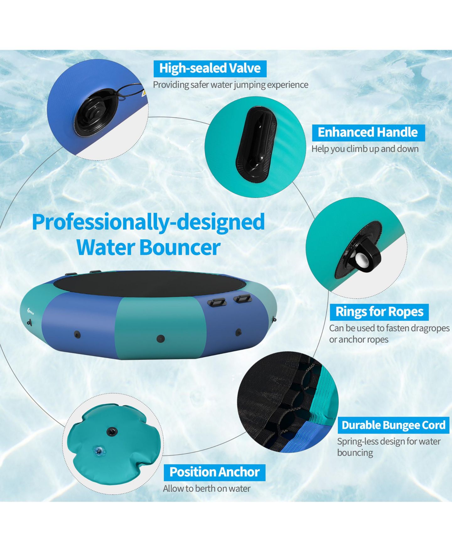 Детская игрушка Costway 10FT Inflatable Water Bouncer Splash Padded Water Trampoline, цвет: Синий — фото 7