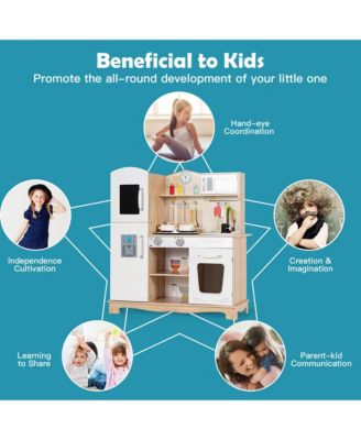 Wooden Kids Pretend Kitchen Playset Cooking Play Toy w/ Utensils & Sound