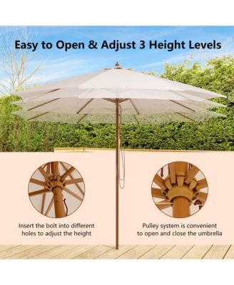 10FT Patio Wooden Market Table Umbrella Pulley w/8 Bamboo Ribs Sunshade Canopy