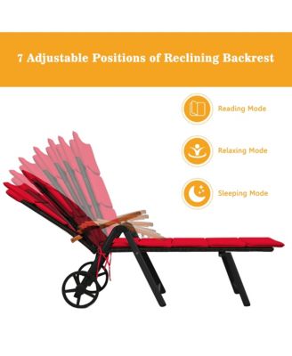 Folding Patio Rattan Lounge Chair Cushioned Aluminum w/ Wheel