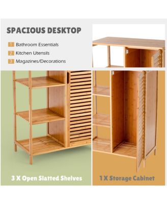 Bathroom Cabinet Bamboo Storage Floor Cabinet w/ Single Door & 3 Open Shelves