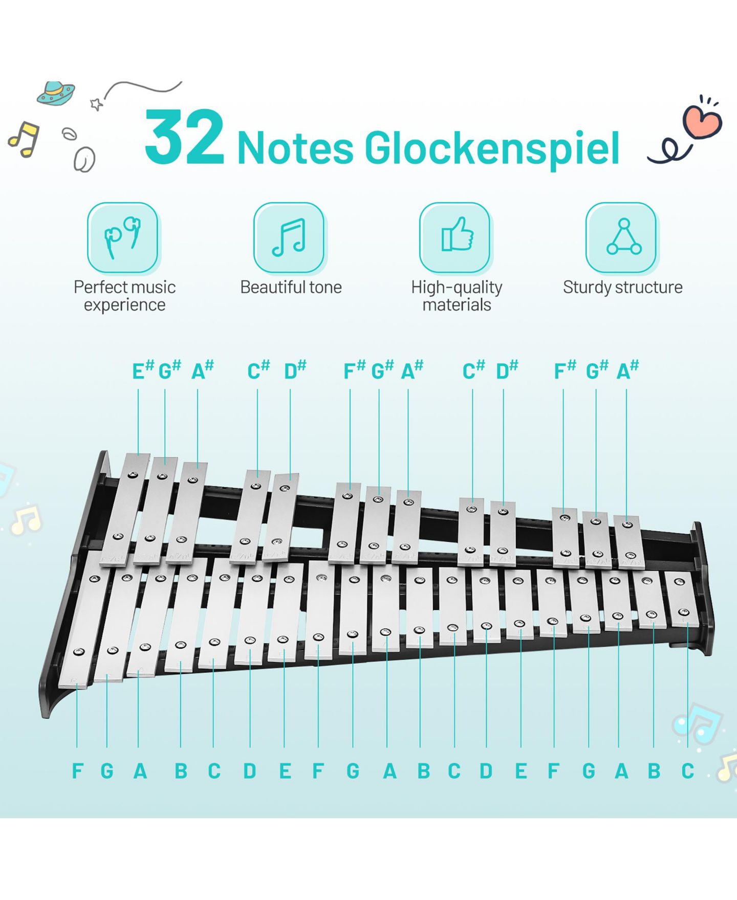 Детские игрушки Costway 32-Note Glockenspiel Height-Adjustable 7-Piece Percussion Bell Kit, Ages 5+, цвет: Чёрный — фото 7