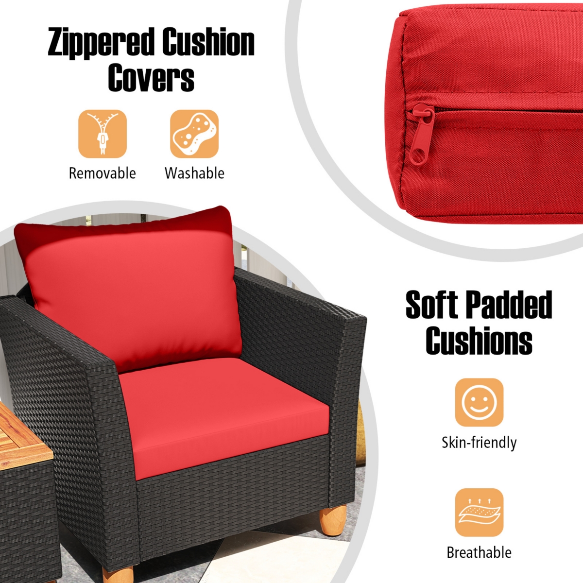 Costway 3PCS Outdoor Patio Rattan Furniture Set Wooden Table Cushioned Sofa
