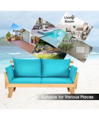 Patio Convertible Sofa Daybed Solid Wood Adjustable Thick Cushion