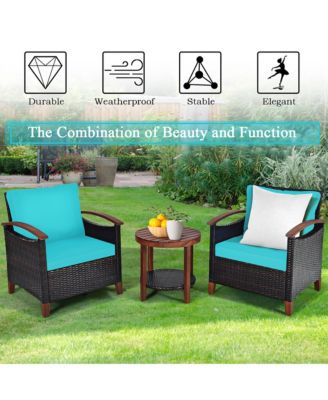 3PCS Patio Rattan Furniture Set Wooden Frame Cushion Table Shelf