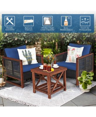 3PCS Patio Wicker Furniture Set Solid Wood Frame Cushion Sofa w/ Square Table Shelf