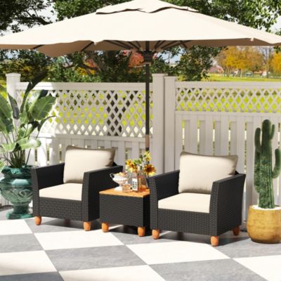 3PCS Outdoor Patio Rattan Furniture Set Wooden Table Cushioned Sofa