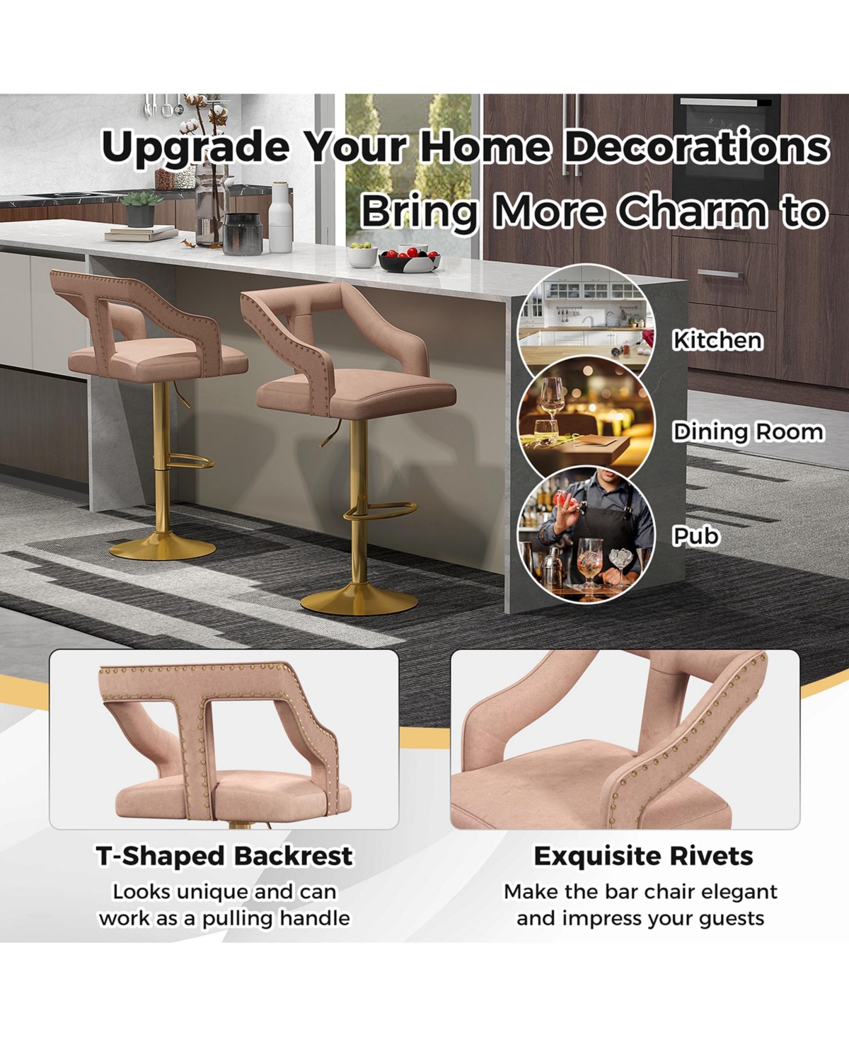 Costway Set of 2 Swivel Bar Stool with Footrest, 2-Layer Electroplated Metal Base
