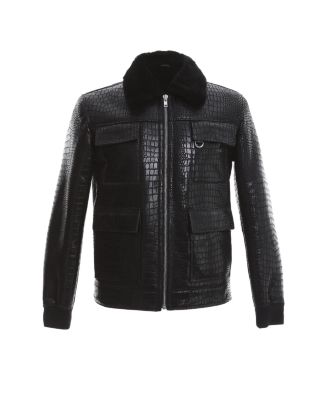 Men's Black Leather Bomber Jacket, Crocodile Emboss