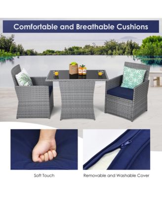 3PCS Outdoor Rattan Conversation Set Patio Dining Table Set w/ Navy Cushions